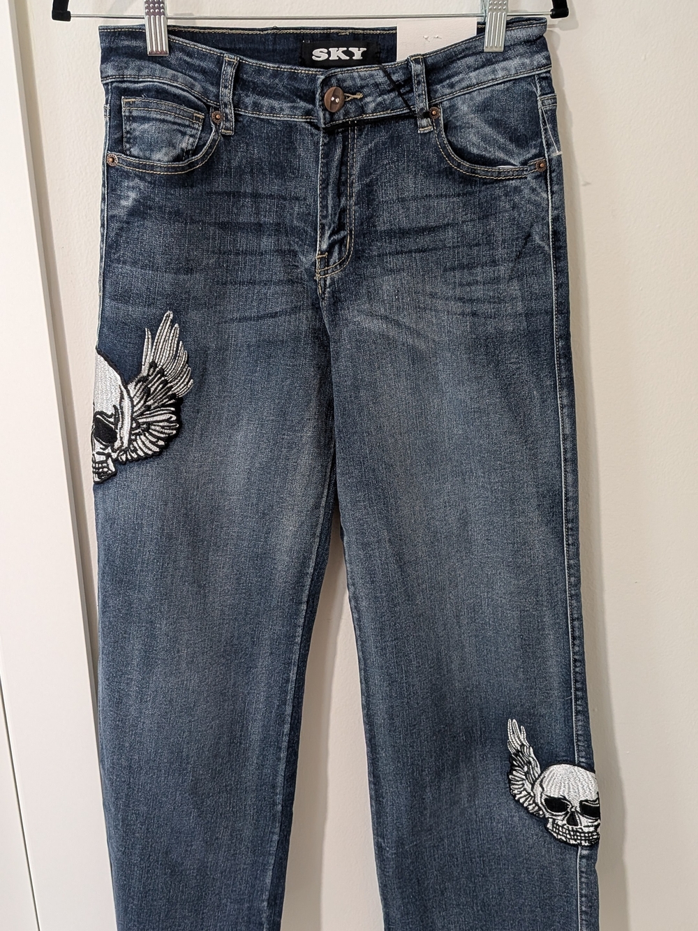 SKY Women's Dark Blue Embroidered Skull Winged Wide Jeans Sized 7/28